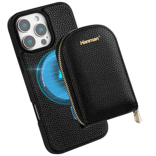 Hanman MagSafe Wallet Case for iPhone 16 ProRFID Blocking PU Leather Zipper Purse Magnetic Cover Suitable for iPhone 16 ProMagnetic Wallet Card Holder Case for iPhone 16 Pro-Black