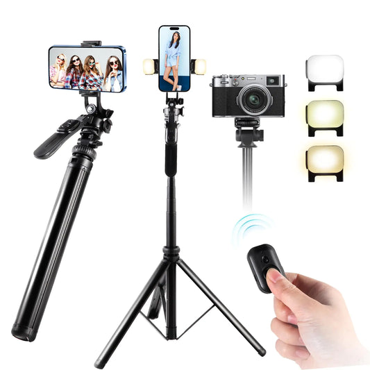 Trípode para Teléfono de 80" con Palo de Selfie y Control Remoto, Extensible Todo-en-1, Trípode Liviano de Viaje, Soporte Portátil para Teléfono, Compatible con iPhone, Android, Cámara y GoPro