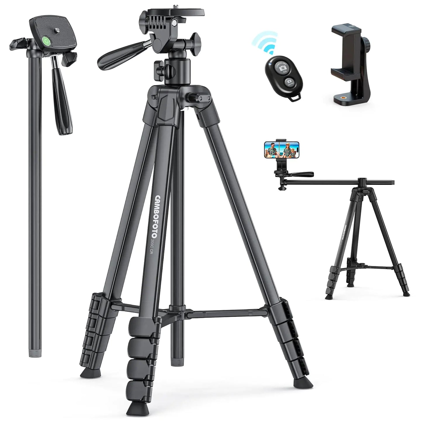 CAMBOFOTO Trípode para Teléfono de 73" con Palo Selfie Horizontal Elevado/Trípode de Viaje Grande con Control Remoto Inalámbrico y Soporte para iPhone, Compatible con Cámaras Sin Espejo/Compactas/GoPro, iPhone/Teléfonos Inteligentes
