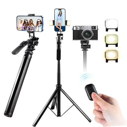 Trípode para Teléfono de 80" con Palo de Selfie y Control Remoto, Extensible Todo-en-1, Trípode Liviano de Viaje, Soporte Portátil para Teléfono, Compatible con iPhone, Android, Cámara y GoPro