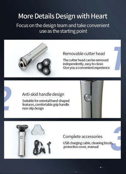 Cordless Rechargeable 3D Rotary Electric Shaver for Men