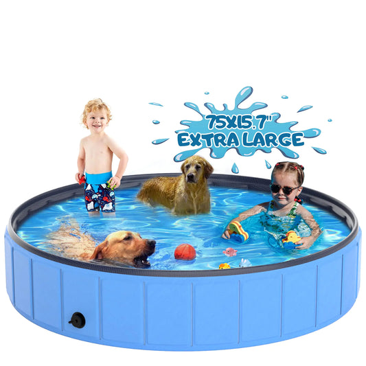 Instraella Extra Large Dog Pool Foldable Plastic Pool for Large Dogs1mm Durable and Collapsible Pet Bathing Tub Portable Outside Swimming Pool for Kiddie and Dogs (75x15.7in)
