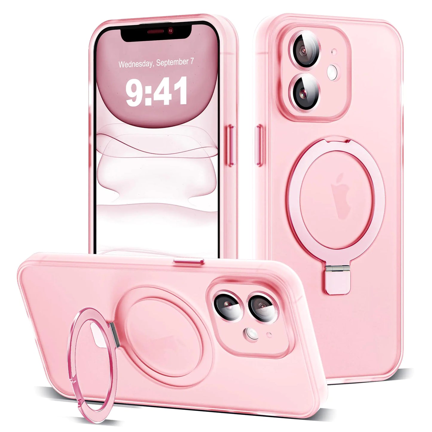 Funda para iPhone 11 con Soporte de Anillo Magnético Invisible [Protección Completa para la Lente de la Cámara] [Compatible con Mag-Safe] Funda Fina Translúcida Mate de Grado Militar para iPhone 11 6.1", Rosa