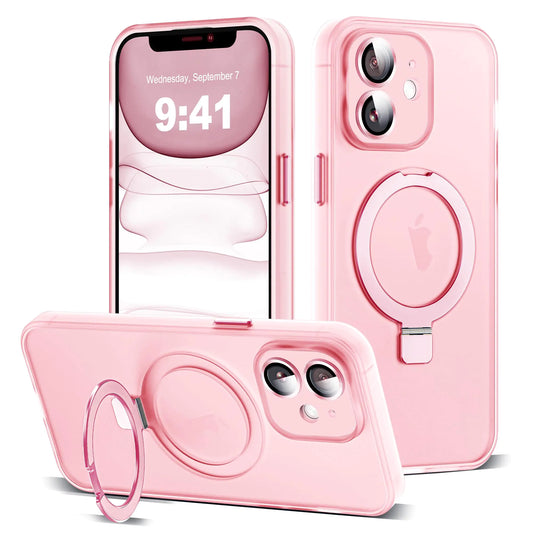 Funda para iPhone 11 con Soporte de Anillo Magnético Invisible [Protección Completa para la Lente de la Cámara] [Compatible con Mag-Safe] Funda Fina Translúcida Mate de Grado Militar para iPhone 11 6.1", Rosa