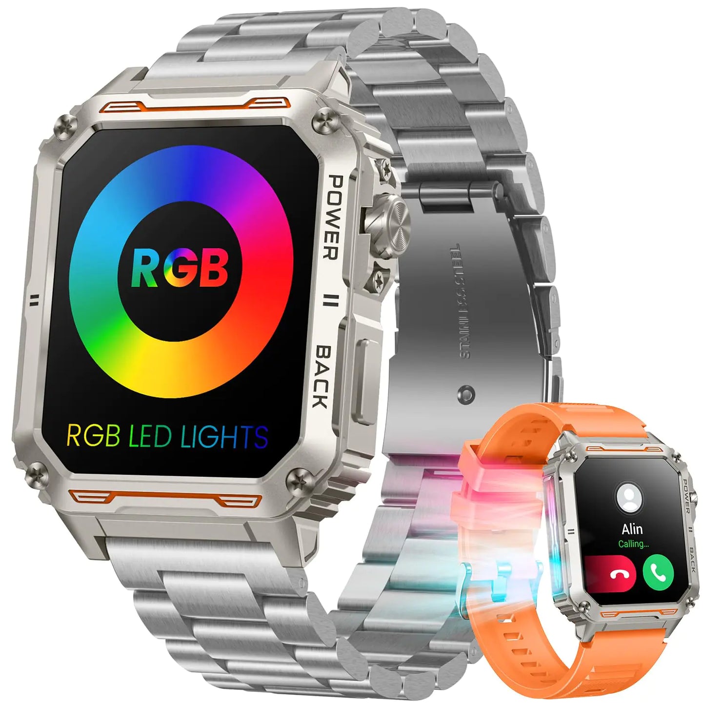 Reloj Inteligente para Hombres con Rastreador de Actividad: Pantalla Táctil de 1.91" Smartwatch con Luces LED RGB para Responder/Hacer Llamadas, Podómetro, Monitor de Ritmo Cardíaco, Presión Arterial, Impermeable para Android iOS
