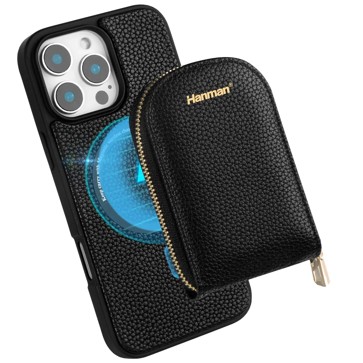 Hanman MagSafe Wallet Case for iPhone 16 ProRFID Blocking PU Leather Zipper Purse Magnetic Cover Suitable for iPhone 16 ProMagnetic Wallet Card Holder Case for iPhone 16 Pro-Black